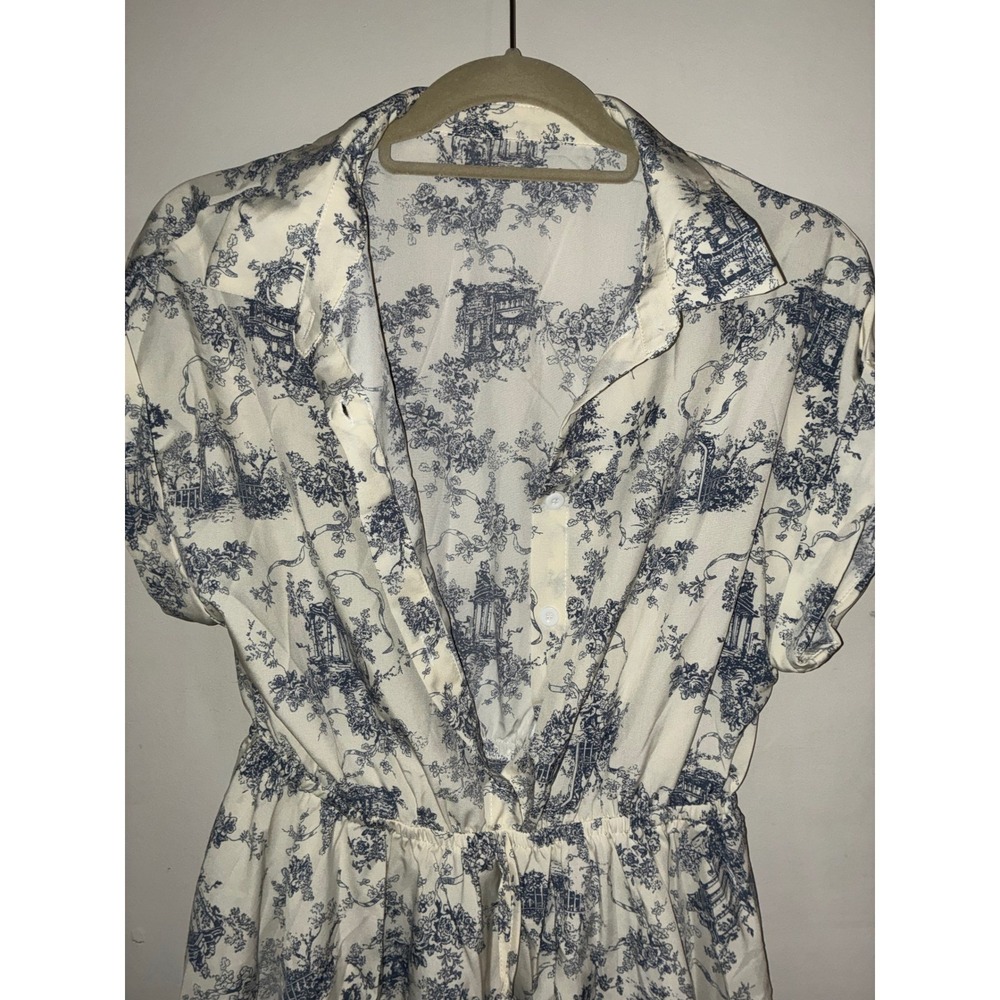 Romantic Shirt Dress Womens 6 M Blue White Toile Print Button Mini‎ Waist Tie - Picture 9 of 10